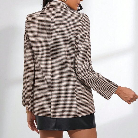 Khaki Preppy Womens Plaid Lapel Collar Double Breasted Blazer - Picture 3 of 5